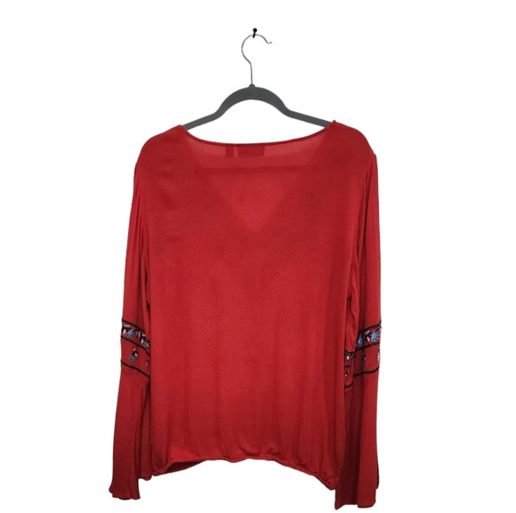 New York & Company Embroidered Flower Long Sleeve V Neck Red Blouse Size M - Picture 4 of 7